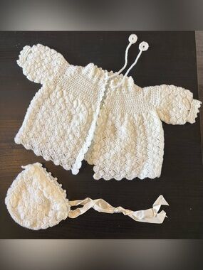 Free shipping.  Hand-Crocheted white Baby Matching vest & Bonnet